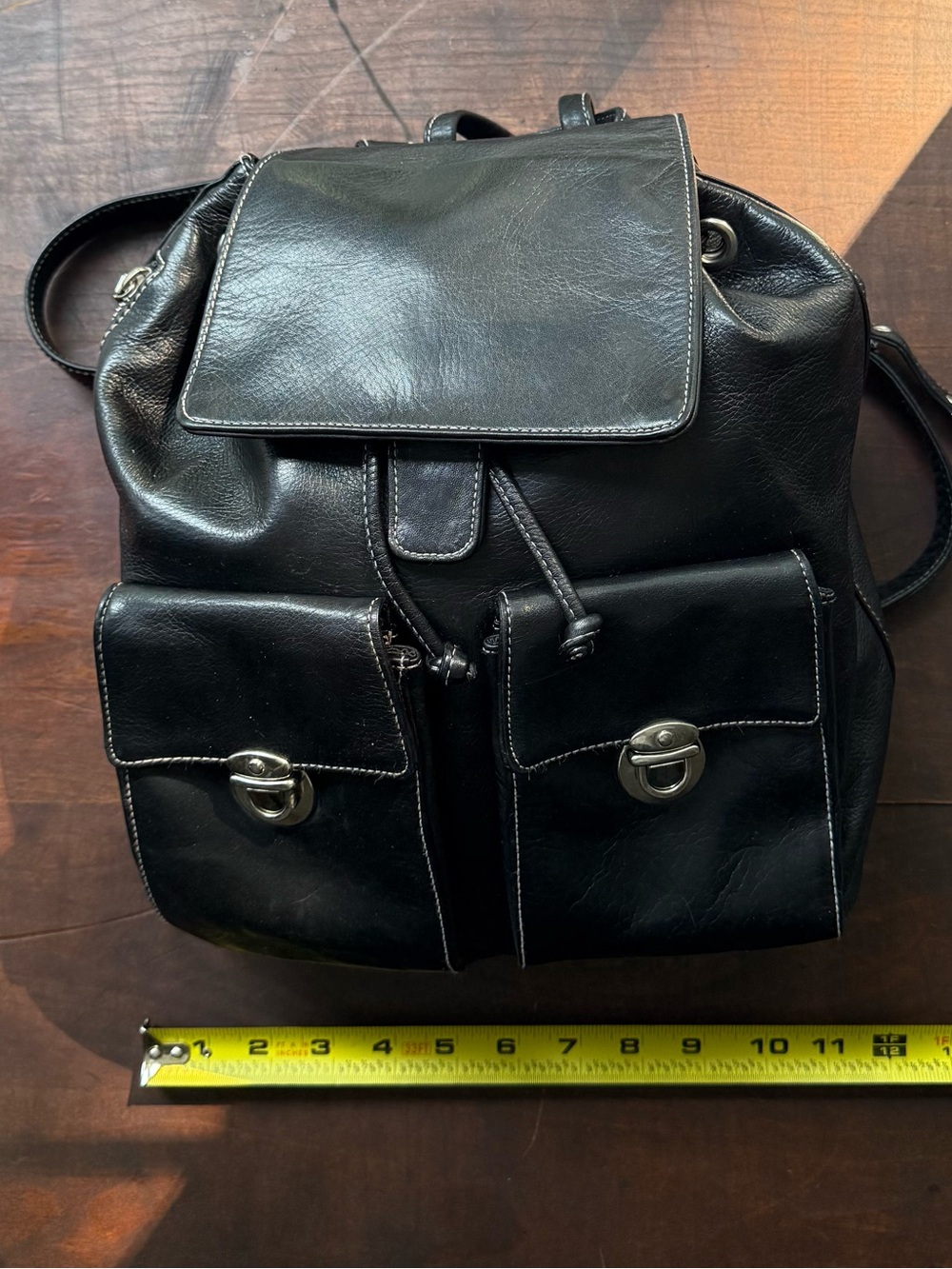 Vintage Perlina New York Black Leather Backpack Purse Drawstring 90s Y2K